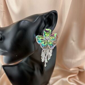 Betsey Johnson Iridescent Floral Statement Earrings – Crystal Fringe Drops
